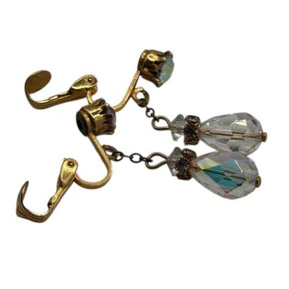 Vintage Gold tone Crystal Dangle Drop Earrings Dressy Glam Eveningwear Sparkle - Picture 5 of 10